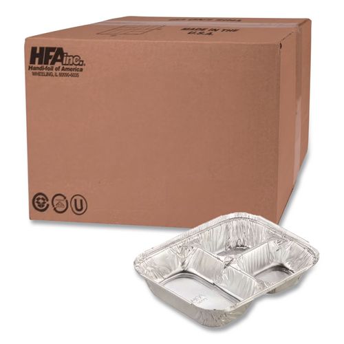 HFA Aluminum Oblong Container with Lid, 3 Compartments, 24 oz, 8.5 x 6.38 x 1.47, Silver, 500/Carton