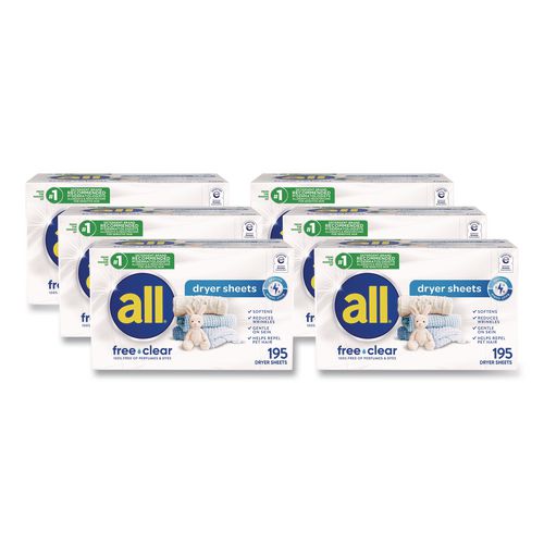 all Free Clear Dryer Sheets, Fragrance Free, 195 Sheets/Pack, 6 Packs/Carton