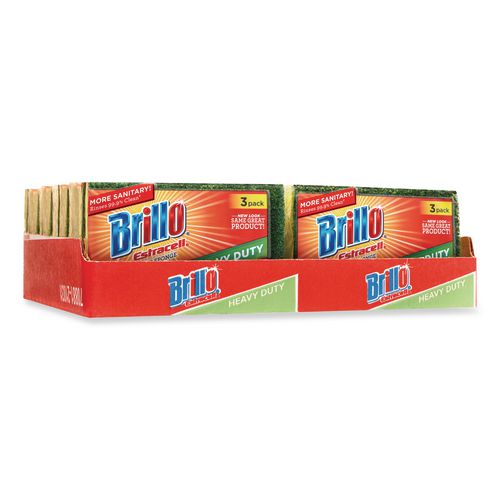 Brillo Estracell Heavy Duty Scrub Sponge, 4.5 x 2.75, 0.8" Thick, Yellow/Green, 3 Sponges/Pack, 8 Packs/Carton