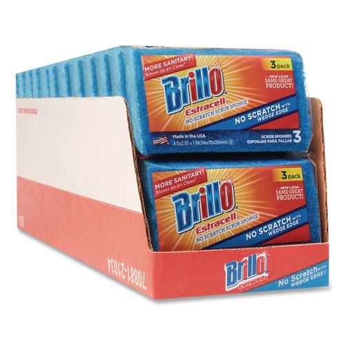 Brillo Estracell No Scratch Kitchen Sponges, 4.5 x 2.75, 1" Thick, Blue, 3 Sponges/Pack, 8 Packs/Carton