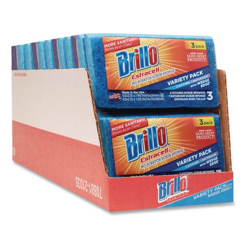 Brillo Estracell Scrub Sponge Variety Pack, 1 Bath, 2 Kitchen, 4.5 x 2.75, 1.12" Thick, Blue/Purple/White, 3/Pack, 8 Packs/Carton