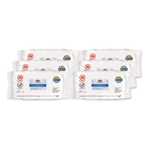 Clorox Healthcare Bleach Germicidal Wipes, Disinfectant Wipes, 1-Ply, 6.75 x 9, Unscented, White, 100 Wipes/Flex-Pack, 6 Flex-Packs/Carton