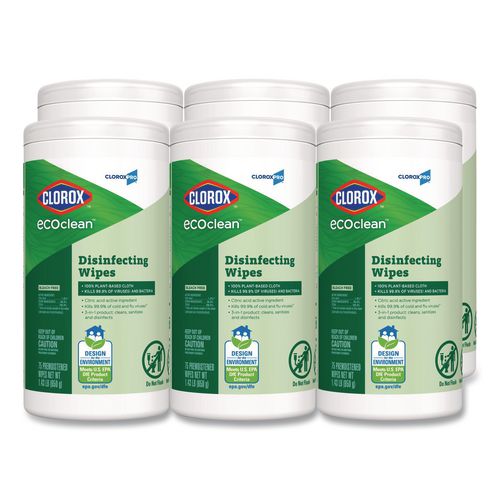 Clorox CloroxPro EcoClean Disinfecting Wipes, 1-Ply, 8 x 7, Unscented, White, 75 Count, 6/Carton