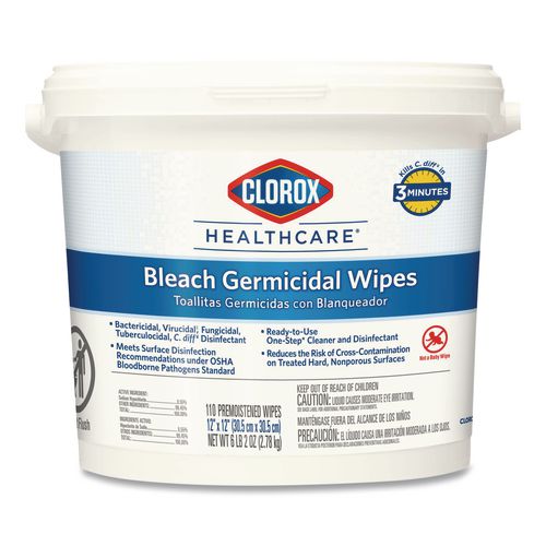 Clorox Healthcare Bleach Germicidal Wipes, 1-Ply, 12 x 12, Unscented, White, 110/Bucket