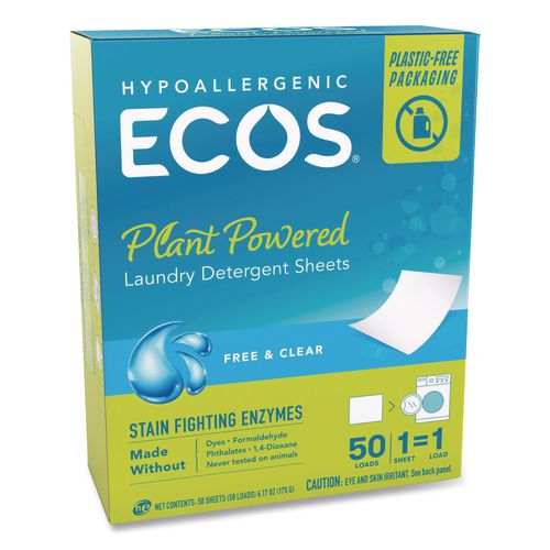 ECOS Liquidless Laundry Detergent Sheets, Free and Clear, 50 Sheets/Box