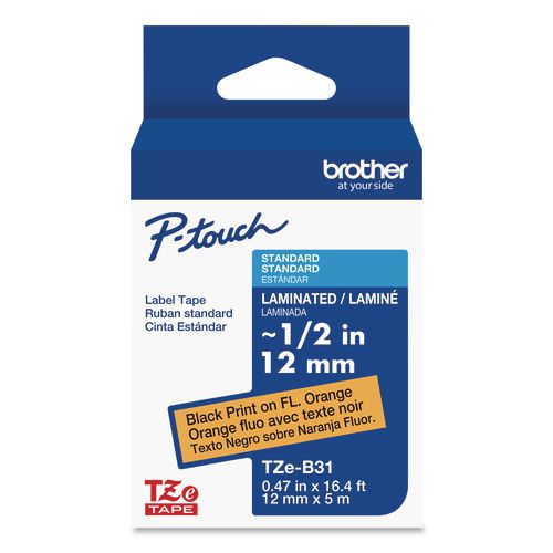 Brother P-Touch TZe Laminated Removable Label Tapes, 0.47" x 26.2 ft, Black on Orange