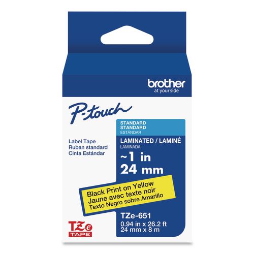 Brother P-Touch TZe Standard Adhesive Laminated Labeling Tape, 0.94" x 26.2 ft, Black on Yellow