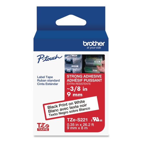 Brother P-Touch TZe Extra-Strength Adhesive Laminated Labeling Tape, 0.35" x 26.2 ft, Black on White