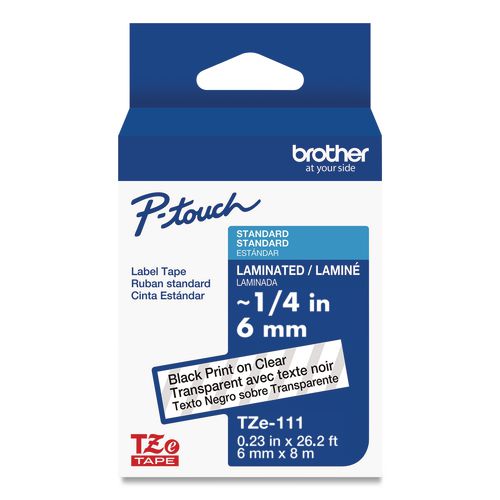 Brother P-Touch TZe Standard Adhesive Laminated Labeling Tape, 0.23" x 26.2 ft, Black on Clear