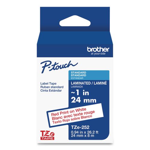 Brother P-Touch TZe Standard Adhesive Laminated Labeling Tape, 0.94" x 26.2 ft, Red on White