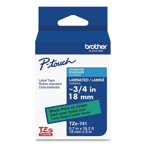 Brother P-Touch TZe Standard Adhesive Laminated Labeling Tape, 0.7" x 26.2 ft, Black on Green