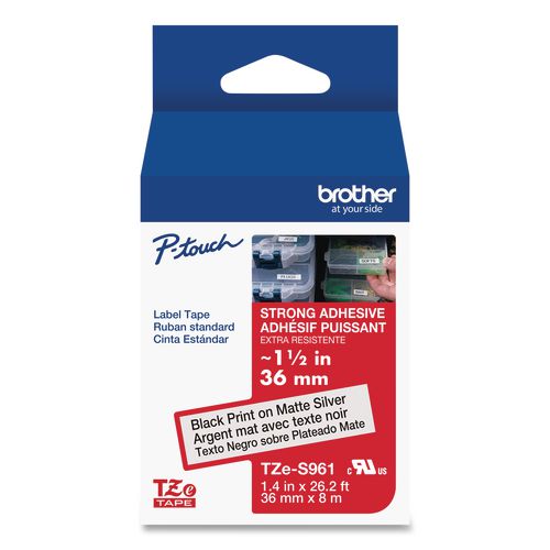 Brother P-Touch TZ Extra-Strength Adhesive Laminated Labeling Tape, 1.4" x 26.2 ft, Black on Matte Silver