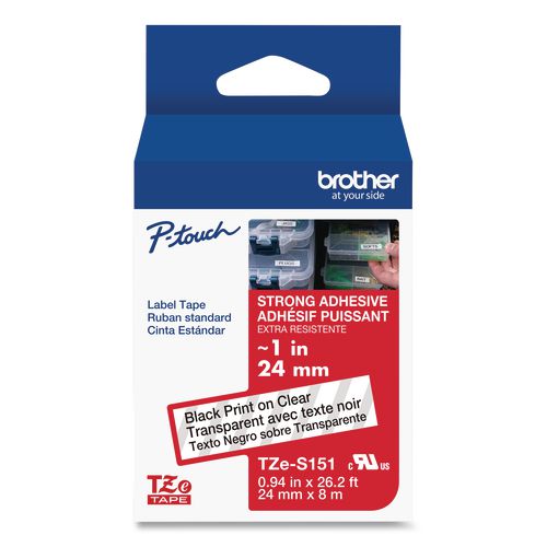 Brother P-Touch TZe Extra-Strength Adhesive Laminated Labeling Tape, 0.94" x 26.2 ft, Black on Clear