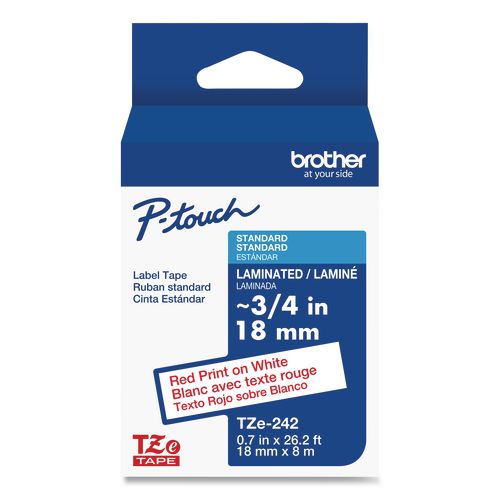 Brother P-Touch TZe Standard Adhesive Laminated Labeling Tape, 0.7" x 26.2 ft, Red on White