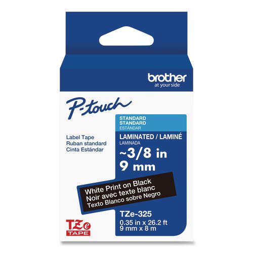 Brother P-Touch TZe Standard Adhesive Laminated Labeling Tape, 0.35" x 26.2 ft, White on Black