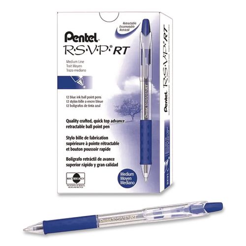 Pentel R.S.V.P. RT Ballpoint Pen, Retractable, Medium 1 mm, Blue Ink, Clear Barrel, Dozen