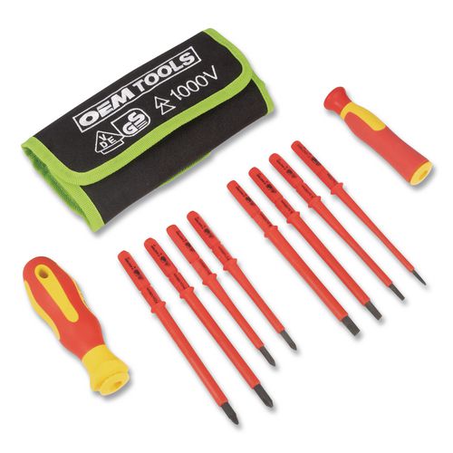 OEMTOOLS Insulated 10-Piece Interchangeable Bit Screwdriver Set, Metric Slotted, Phillips and Pozidriv Bits, 8.25" Long, Orange Handle