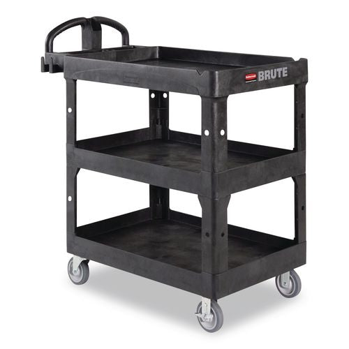 Rubbermaid Commercial BRUTE 3-Shelf Heavy-Duty Ergo Lipped Utility Cart, Resin, 3 Shelves, 600 lb Capacity, 25.24" x 44" x 47", Black
