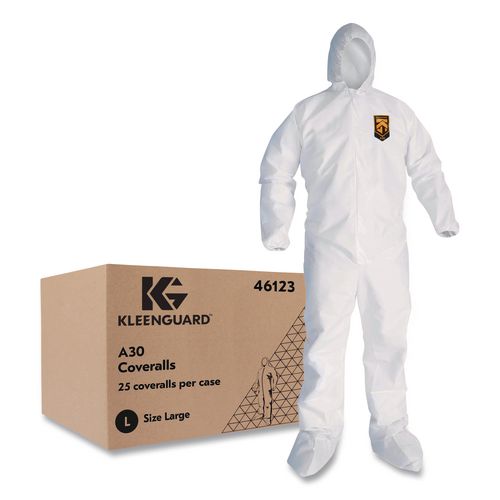 Ansell KleenGuard A30 Coveralls, Elastic Wrists, Ankles, Back, Hood and Non-Skid Boots, White, 25/Carton