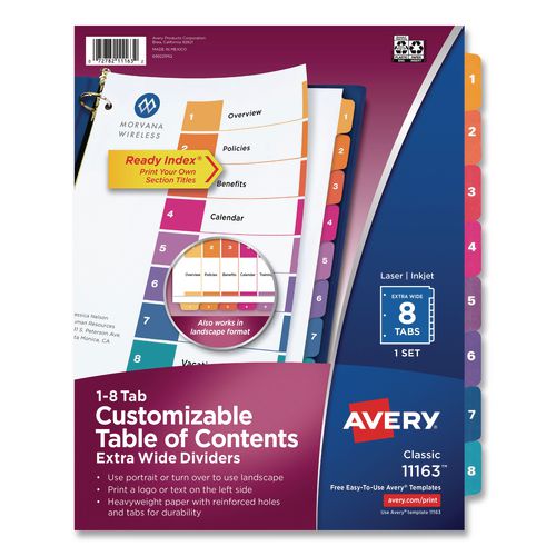 Avery Customizable TOC Ready Index Multicolor Tab Dividers, Extra Wide Tabs, 8-Tab, 1 to 8, 11 x 9.25, White, 1 Set