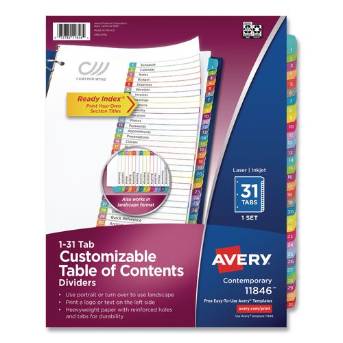 Avery Customizable TOC Ready Index Multicolor Tab Dividers, 31-Tab, 1 to 31, 11 x 8.5, White, Contemporary Color Tabs, 1 Set