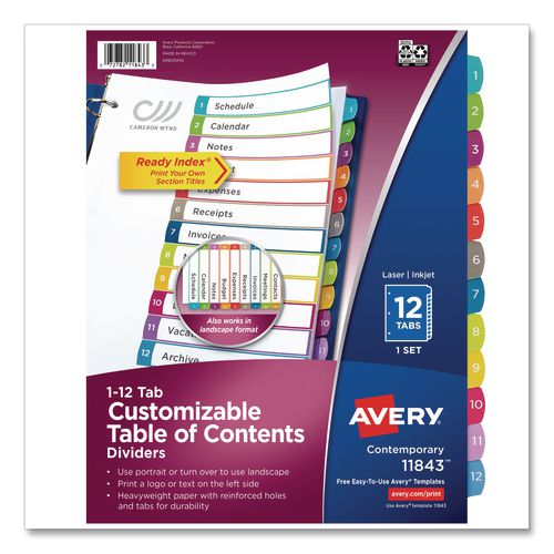 Avery Customizable TOC Ready Index Multicolor Tab Dividers, 12-Tab, 1 to 12, 11 x 8.5, White, Contemporary Color Tabs, 1 Set