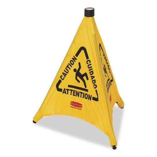 Rubbermaid Commercial Multilingual Pop-Up Safety Cone, 3-Sided, Fabric, 21 x 21 x 20, Yellow