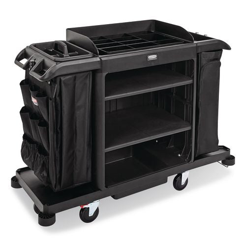 Rubbermaid Commercial Full Size Housekeeping Cart with Accessory Bundle, Resin, 3 Shelves, 2 Bins, 24.4 x 62.4 x 49, Black