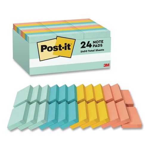 Post-it Notes Original Pads in Beachside Cafe Collection Colors, Value Pack, 1.38" x 1.88", 100 Sheets/Pad, 24 Pads/Pack