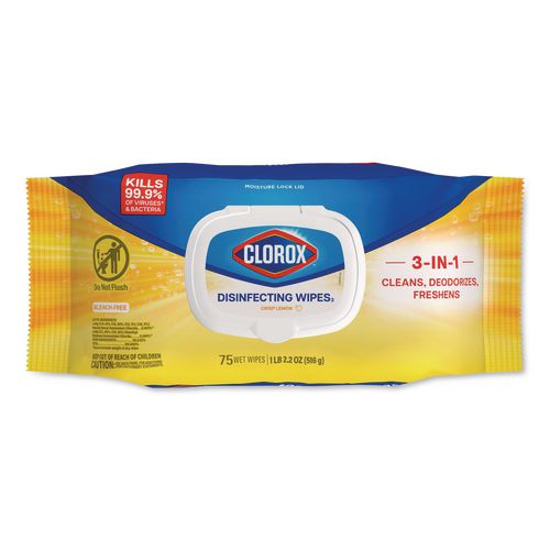 Clorox Disinfecting Cleaning Wipes, Flex Pack, 1-Ply, 8 x 7, Lemon Scent, White, 75 Towels/Box