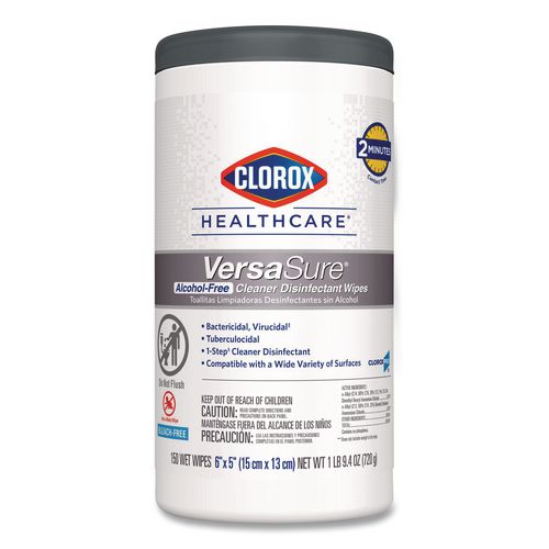 Clorox Healthcare VersaSure Cleaner Disinfectant Wipes, 1-Ply, 6 x 5, Fragranced, White, 150 Towels/Canister