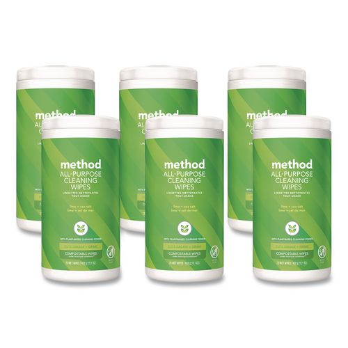 Method All Purpose Cleaning Wipes, 1 Ply, Lime and Sea Salt, White, 70/Canister, 6/Carton