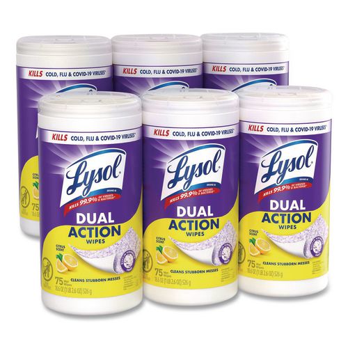 LYSOL Brand Dual Action Disinfecting Wipes, 1-Ply, 7 x 7.25, Citrus, White/Purple, 75/Canister, 6 Canisters/Carton