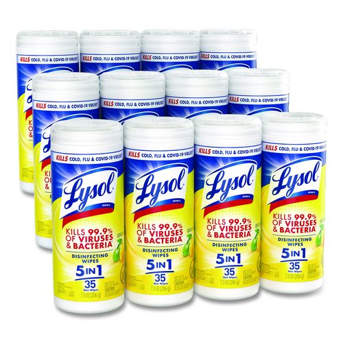 LYSOL Brand Disinfecting Wipes, 1-Ply, 7 x 7.25, Lemon and Lime Blossom, White, 35 Wipes/Canister, 12 Canisters/Carton