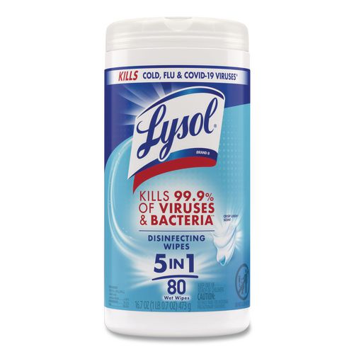 LYSOL Brand Disinfecting Wipes, 1-Ply, 7 x 7.25, Crisp Linen, White, 80 Wipes/Canister