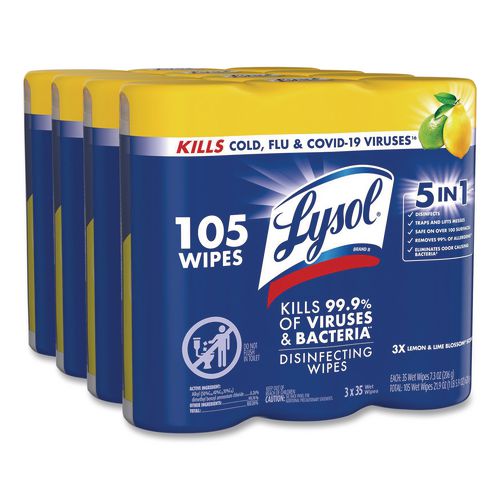 LYSOL Brand Disinfecting Wipes, 1-Ply, 7 x 7.25, Lemon and Lime Blossom, White, 35 Wipes/Canister, 3 Canisters/Pack, 4 Packs/Carton