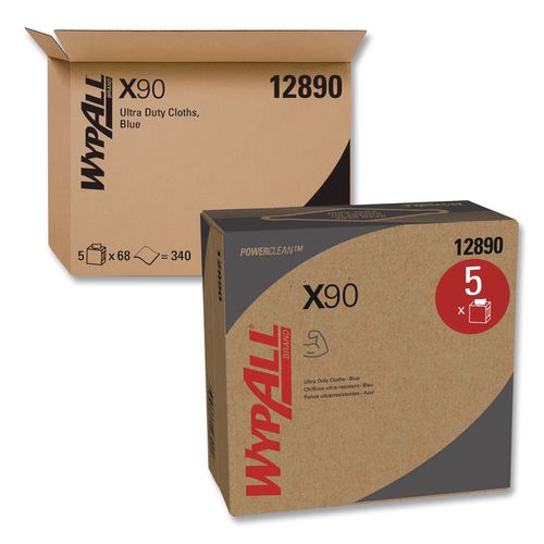 WypAll X90 Cloths, POP-UP Box, 2-Ply, 8.3 x 16.8, Denim Blue, 68/Box, 5 Boxes/Carton