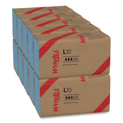 WypAll L10 Windshield Towels, 1-Ply, 9.1 x 10.25, Light Blue, 224/Pack, 10 Packs/Carton