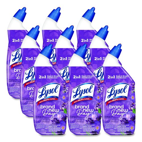 LYSOL Brand Clinging Gel Brand New Day Toilet Bowl Cleaner, Lavender and Cotton Blossom, 24 oz Angle-Neck Bottle, 9/Carton