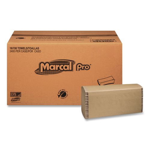 Marcal PRO 100% Recycled Folded Paper Towels, Multi-Fold, 1-Ply, 9.5 x 9.25, Natural, 250/Pack, 16 Packs/Carton
