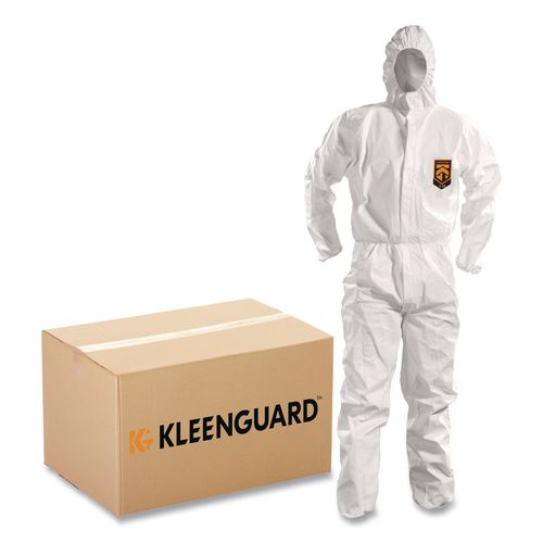 KleenGuard A50 Breathable Splash and Particle Protection Overalls, Zip Front, Hood, Elastic Wrists/Ankles, White, 2X-Large, 25/Carton