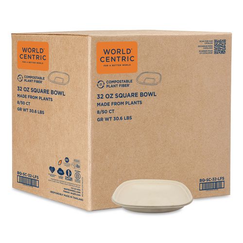 World Centric Fiber Bowls, 32 oz, 8.3 x 8.3 x 1.8, Natural, Paper, 400/Carton