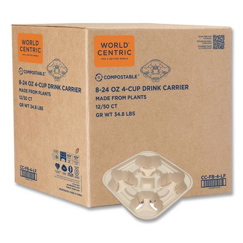 World Centric Fiber Cup Carriers, 8 oz to 22 oz, Four Cups, Natural, 600/Carton