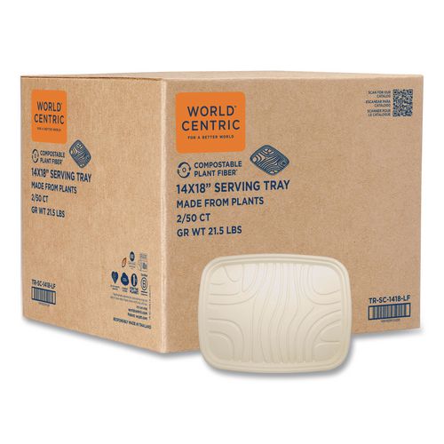 World Centric Fiber Foodservice Trays, PLA Lined, PFAS Free, 18 x 14 x 1, Natural, Paper, 100/Carton