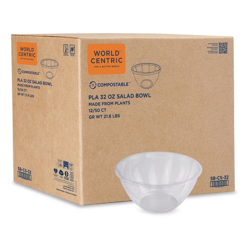 World Centric PLA Salad Bowls, 32 oz, 6.7" dia x 3.3" h, Clear, Plastic, 600/Carton