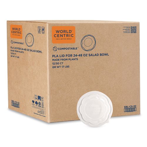 World Centric PLA Salad Bowl Lids, 6.8" dia x 0.8" h, Clear, Plastic, 600/Carton