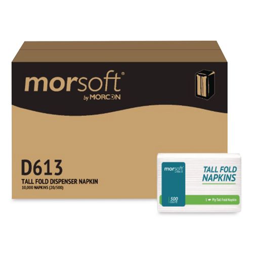 Morcon Tissue Morsoft Tall Fold Dispsenser Napkins, 1-Ply, 3.5 x 5, White, 500/Pack, 20 Packs/Carton