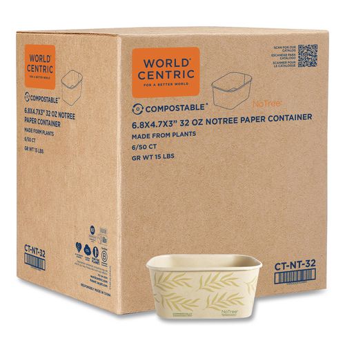 World Centric No Tree Rectangular Containers, 32 oz, 4.7 x 6.8 x 3, Natural, Sugarcane, 300/Carton