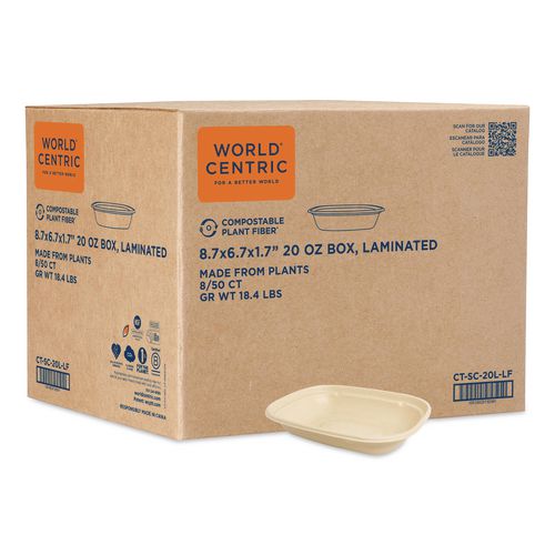 World Centric Laminated Fiber Containers, 20 oz, 6.7 x 8.7 x 1.7, Natural, Sugarcane Fiber, 400/Carton