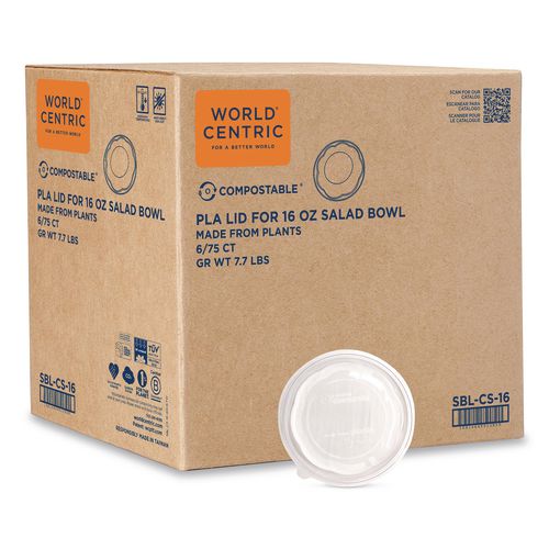 World Centric PLA Salad Bowl Lids, 5.4" dia x 0.8"h, Clear, Plastic, 450/Carton